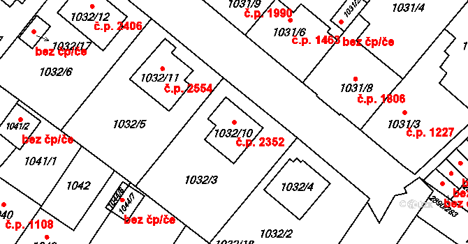 Předměstí 2352, Opava na parcele st. 1032/10 v KÚ Opava-Předměstí, Katastrální mapa