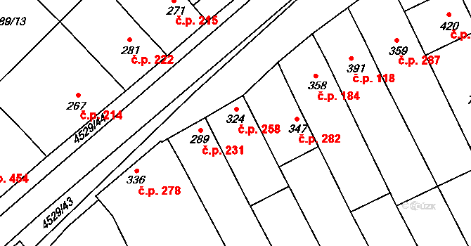 Mistřice 258 na parcele st. 324 v KÚ Mistřice I, Katastrální mapa