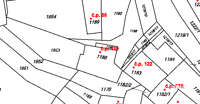 Pustiměř 119 na parcele st. 1186 v KÚ Pustiměř, Katastrální mapa