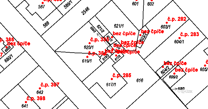 Plzeň 48794121 na parcele st. 619/2 v KÚ Doubravka, Katastrální mapa