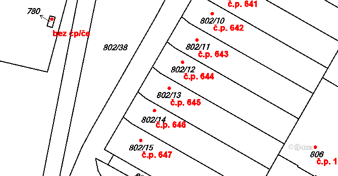 Protivín 645 na parcele st. 802/13 v KÚ Protivín, Katastrální mapa