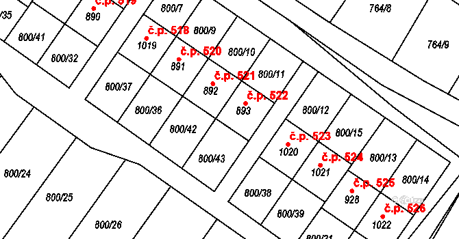 Hanušovice 522 na parcele st. 893 v KÚ Hanušovice, Katastrální mapa
