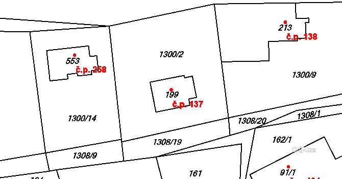 Čisovice 137 na parcele st. 199 v KÚ Čisovice, Katastrální mapa
