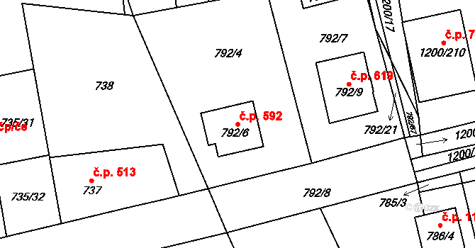 Vejprnice 592 na parcele st. 792/6 v KÚ Vejprnice, Katastrální mapa