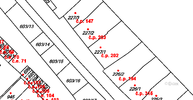 Lysice 202 na parcele st. 227/1 v KÚ Lysice, Katastrální mapa