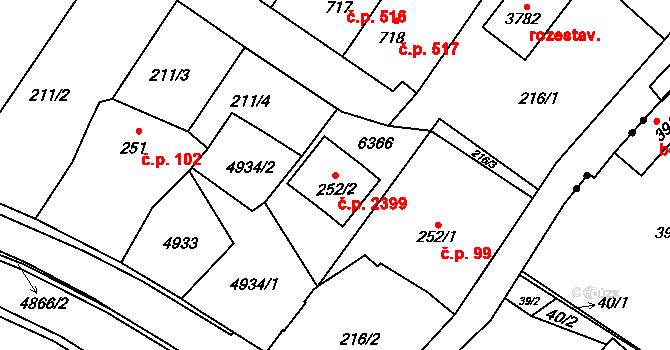Rožnov pod Radhoštěm 2399 na parcele st. 252/2 v KÚ Rožnov pod Radhoštěm, Katastrální mapa