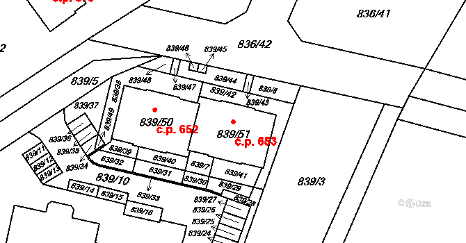 Zruč 653, Zruč-Senec na parcele st. 839/51 v KÚ Zruč, Katastrální mapa