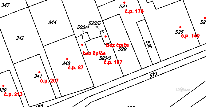 Přerov VII-Čekyně 187, Přerov na parcele st. 523/3 v KÚ Čekyně, Katastrální mapa