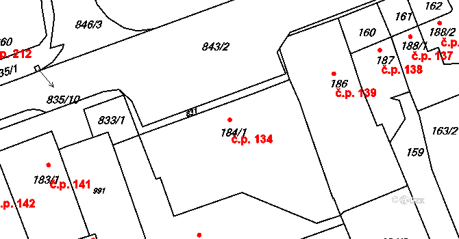 Olšany u Prostějova 134 na parcele st. 184/1 v KÚ Olšany u Prostějova, Katastrální mapa