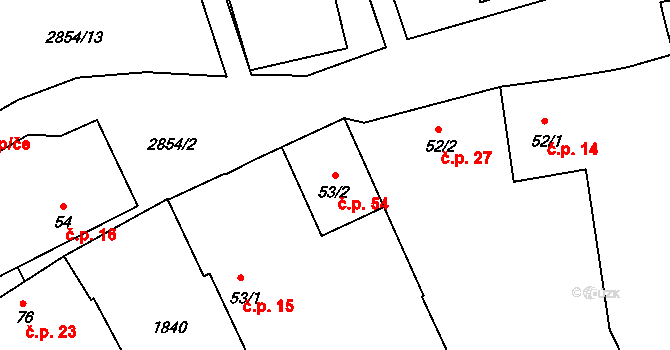 Velechvín 54, Lišov na parcele st. 53/2 v KÚ Velechvín, Katastrální mapa