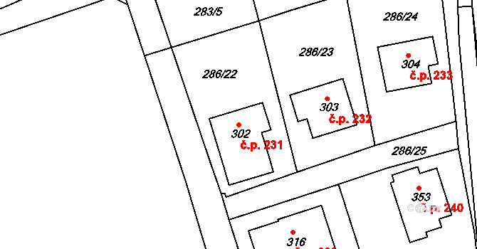 Jenišovice 231 na parcele st. 302 v KÚ Jenišovice u Jablonce nad Nisou, Katastrální mapa