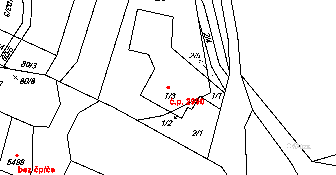Jihlava 2990 na parcele st. 1/3 v KÚ Pančava, Katastrální mapa