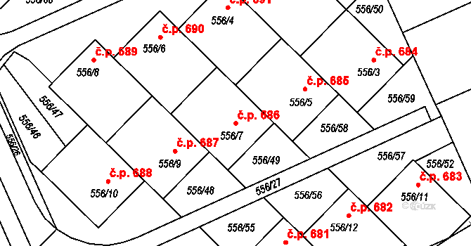 Chropyně 686 na parcele st. 556/7 v KÚ Chropyně, Katastrální mapa