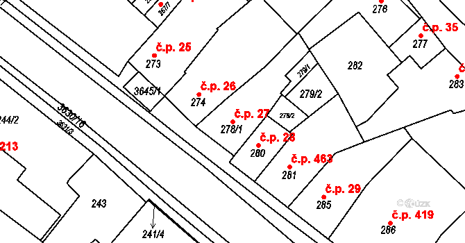 Vyškov-Předměstí 27, Vyškov na parcele st. 278/1 v KÚ Vyškov, Katastrální mapa