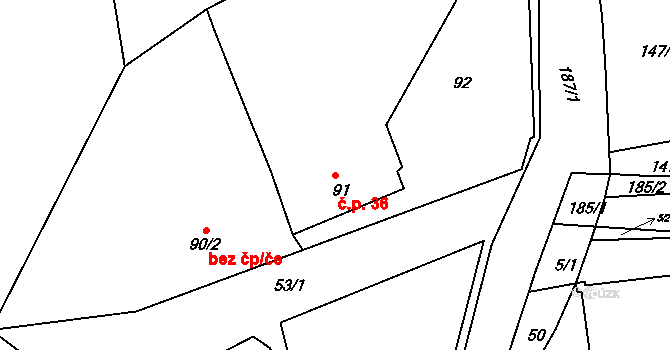 Skramníky 36, Klučov na parcele st. 91 v KÚ Skramníky, Katastrální mapa