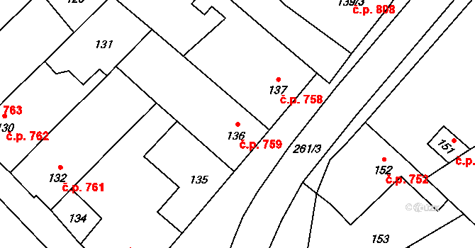 Březce 759, Štěpánov na parcele st. 136 v KÚ Březce, Katastrální mapa