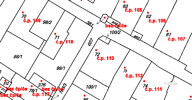 Travčice 113 na parcele st. 72 v KÚ Travčice, Katastrální mapa