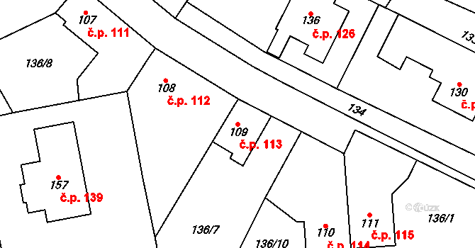 Přední Lhota 113, Poděbrady na parcele st. 109 v KÚ Přední Lhota u Poděbrad, Katastrální mapa