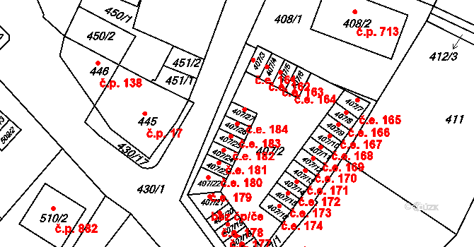 Miřetice u Klášterce nad Ohří 183, Klášterec nad Ohří na parcele st. 407/26 v KÚ Miřetice u Klášterce nad Ohří, Katastrální mapa