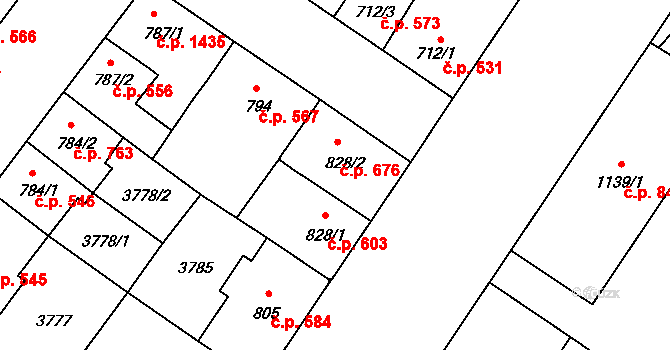 Břeclav 676 na parcele st. 828/2 v KÚ Břeclav, Katastrální mapa