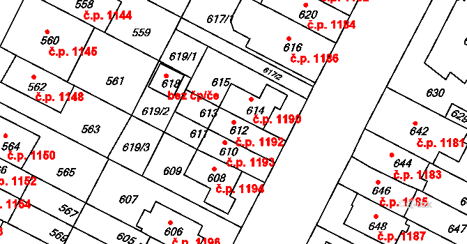 Černá Pole 1192, Brno na parcele st. 612 v KÚ Černá Pole, Katastrální mapa