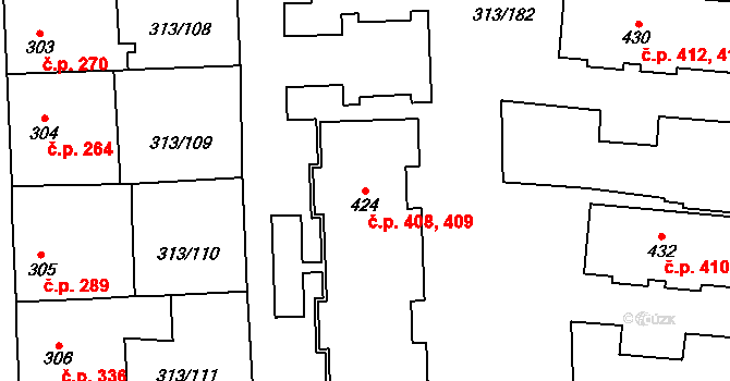Černčice 408,409 na parcele st. 424 v KÚ Černčice u Loun, Katastrální mapa