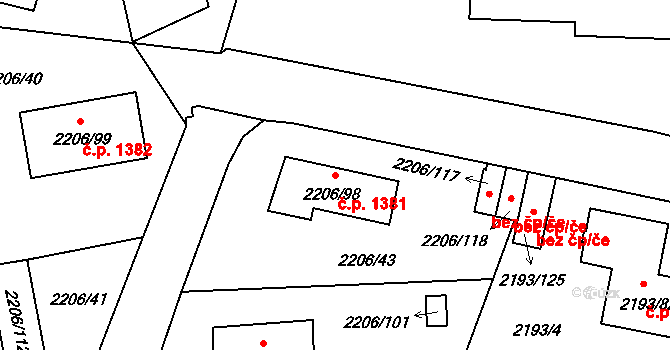 Pelhřimov 1381 na parcele st. 2206/98 v KÚ Pelhřimov, Katastrální mapa