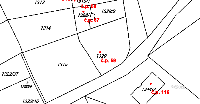 Těšovice 59 na parcele st. 1329 v KÚ Těšovice, Katastrální mapa
