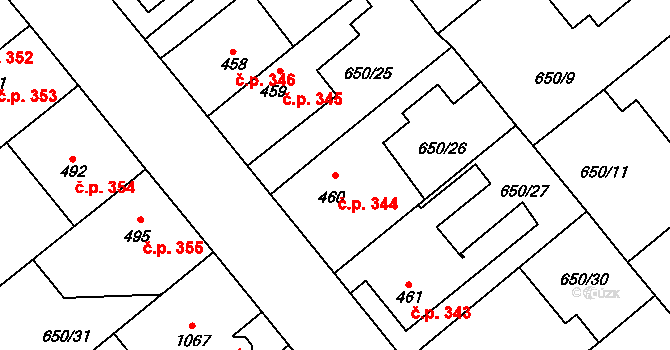 Borohrádek 344 na parcele st. 460 v KÚ Borohrádek, Katastrální mapa
