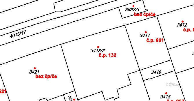Libeň 132, Praha na parcele st. 3418/2 v KÚ Libeň, Katastrální mapa