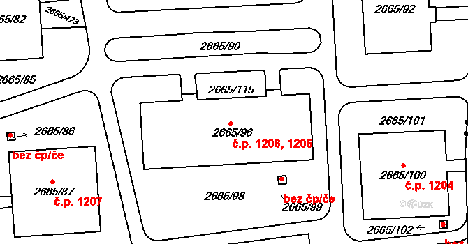 Kyje 1205,1206, Praha na parcele st. 2665/96 v KÚ Kyje, Katastrální mapa