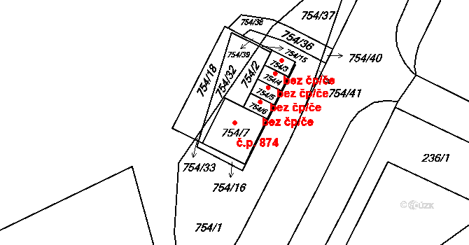 Lesná 874, Brno na parcele st. 754/7 v KÚ Lesná, Katastrální mapa