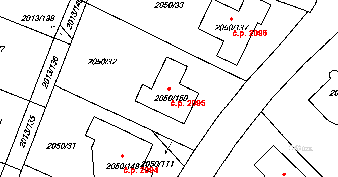Pelhřimov 2095 na parcele st. 2050/150 v KÚ Pelhřimov, Katastrální mapa