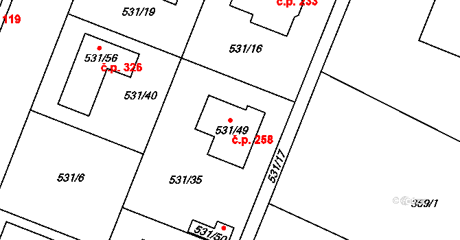 Bystrovany 258 na parcele st. 531/49 v KÚ Bystrovany, Katastrální mapa