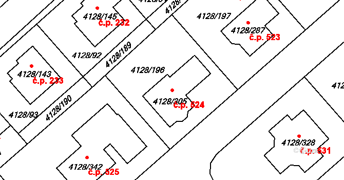 Choceňské Předměstí 524, Vysoké Mýto na parcele st. 4128/305 v KÚ Vysoké Mýto, Katastrální mapa