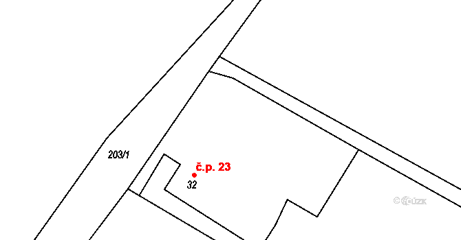 Udeřice 23, Bačice na parcele st. 32 v KÚ Udeřice, Katastrální mapa