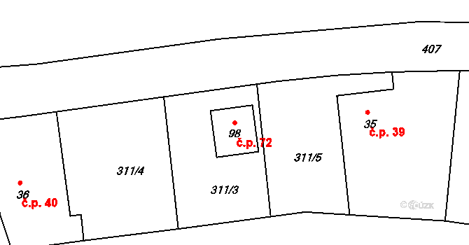 Olešná 72, Nezvěstice na parcele st. 98 v KÚ Olešná u Nezvěstic, Katastrální mapa