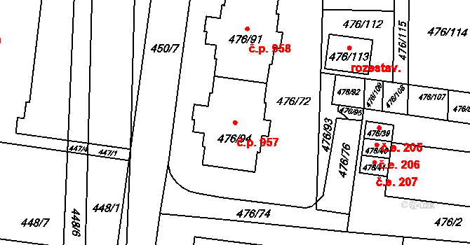 Rajhrad 957 na parcele st. 476/94 v KÚ Rajhrad, Katastrální mapa