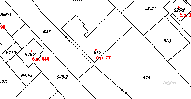 Horní Ves 72, Fryšták na parcele st. 516 v KÚ Horní Ves u Fryštáku, Katastrální mapa