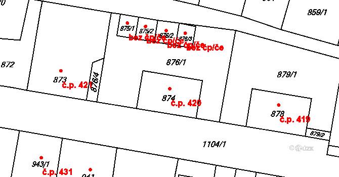 Vítkov 420 na parcele st. 874 v KÚ Vítkov, Katastrální mapa