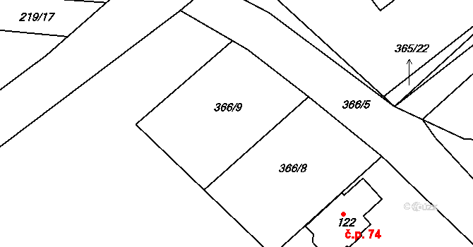 Plánice 45217122 na parcele st. 366/9 v KÚ Kvasetice, Katastrální mapa