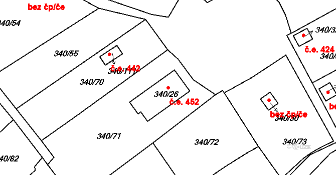 Běhánky 452, Dubí na parcele st. 340/26 v KÚ Běhánky, Katastrální mapa