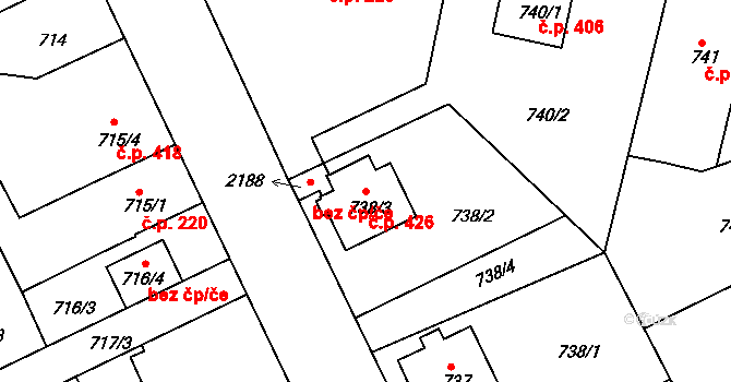 Lázně Bohdaneč 426 na parcele st. 738/3 v KÚ Lázně Bohdaneč, Katastrální mapa