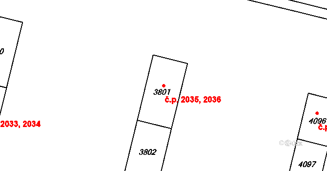 Zelené Předměstí 2035,2036, Pardubice na parcele st. 3801 v KÚ Pardubice, Katastrální mapa
