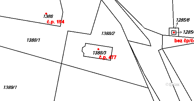 Zádveřice 477, Zádveřice-Raková na parcele st. 1388/3 v KÚ Zádveřice, Katastrální mapa