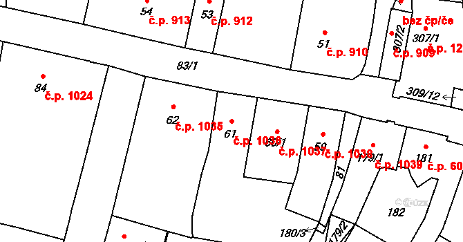 Mohelnice 1036 na parcele st. 61 v KÚ Mohelnice, Katastrální mapa