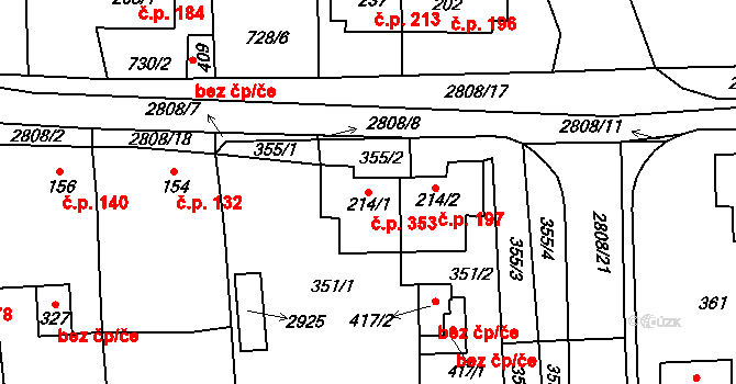 Ledce 353 na parcele st. 214/1 v KÚ Ledce u Plzně, Katastrální mapa
