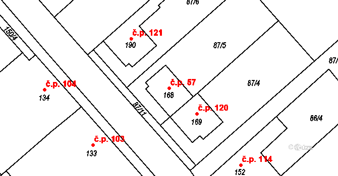 Šelešovice 57 na parcele st. 168 v KÚ Šelešovice, Katastrální mapa