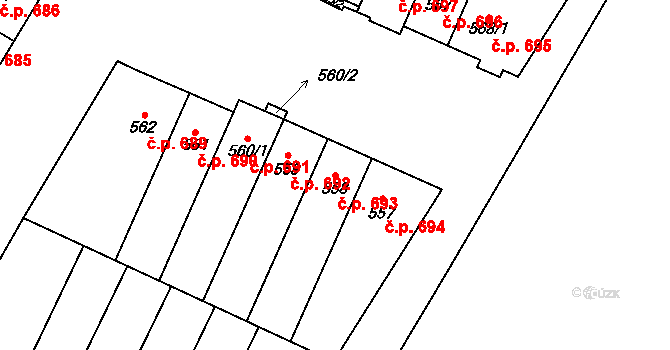 Přímětice 693, Znojmo na parcele st. 558 v KÚ Přímětice, Katastrální mapa