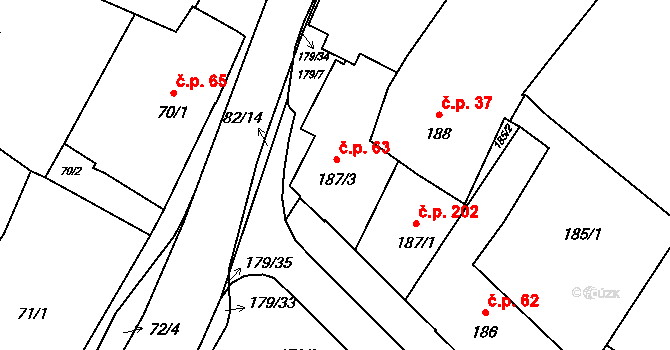 Těšetice 63 na parcele st. 187/3 v KÚ Těšetice u Znojma, Katastrální mapa